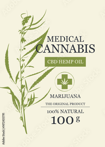 eco vector banner or label for CBD hemp oil, medical cannabis with hemp pattern. medical marijuana. No AI used