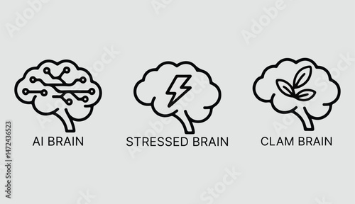 ai brain, stressed brain, clam brain, monochrome, line art, minimalist, simple, black and white, vector illustration.
