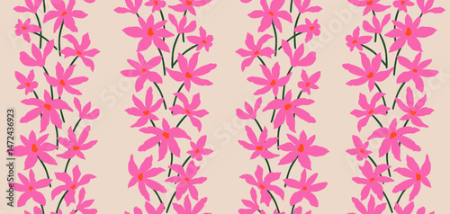 Trendy floral seamless pattern with vertical stripes. Modern flowers print design for fabric, textiles, clothing, packaging, cover, banner, home decor and backgrounds. Vector illustrations.