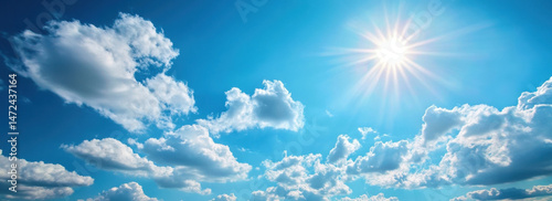 Bright summer sun shining through fluffy cumulus clouds in a vibrant blue sky, creating a serene and peaceful atmosphere. : Generative AI