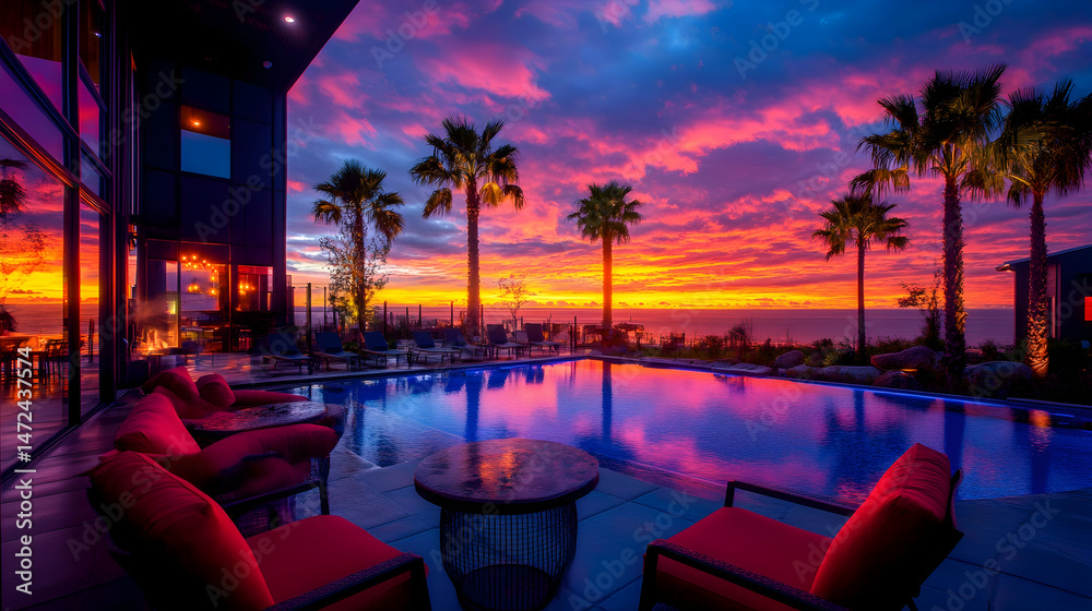 Fototapeta premium Luxurious infinity pool at sunset, modern home
