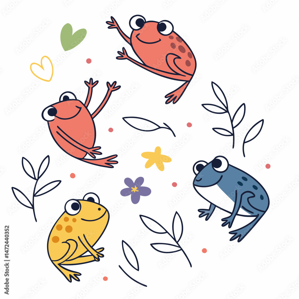 Obraz premium Playful Colorful Watercolor Frogs Illustration
