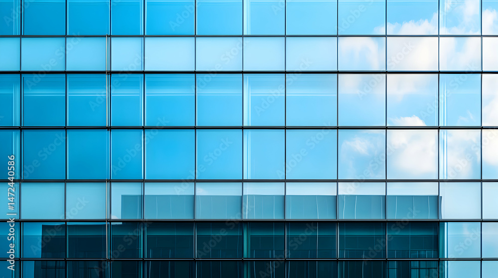 Close-up of a modern building's glass facade reflecting the sky. Close-up of a modern building's glass facade reflecting the sky.