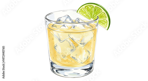Wallpaper Mural Tommy's Margarita cocktail with lime wheel and ice cubes in a clear lowball glass. Watercolor illustration isolated on white background. Tequila-based summer drink. Mexican cocktail concept Torontodigital.ca