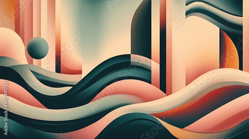 Abstract geometric shapes, flowing curves, and soft color gradients