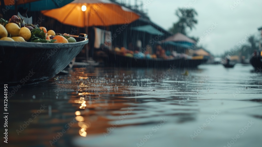 Obraz premium Rainy day at Vietnamese floating market with fruit vendors navigating wet river commerce