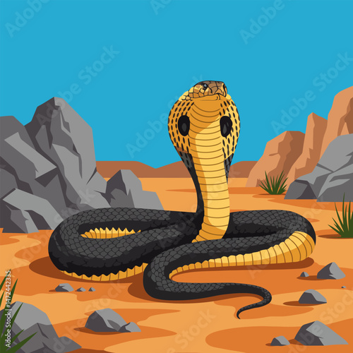 Cobra Snake Rising in Desert Landscape Cartoon Illustration Danger