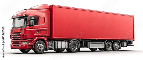 3D Rendering of Red Delivery Truck with Empty Trailer – Shipping and Transport Mock-up on White Background