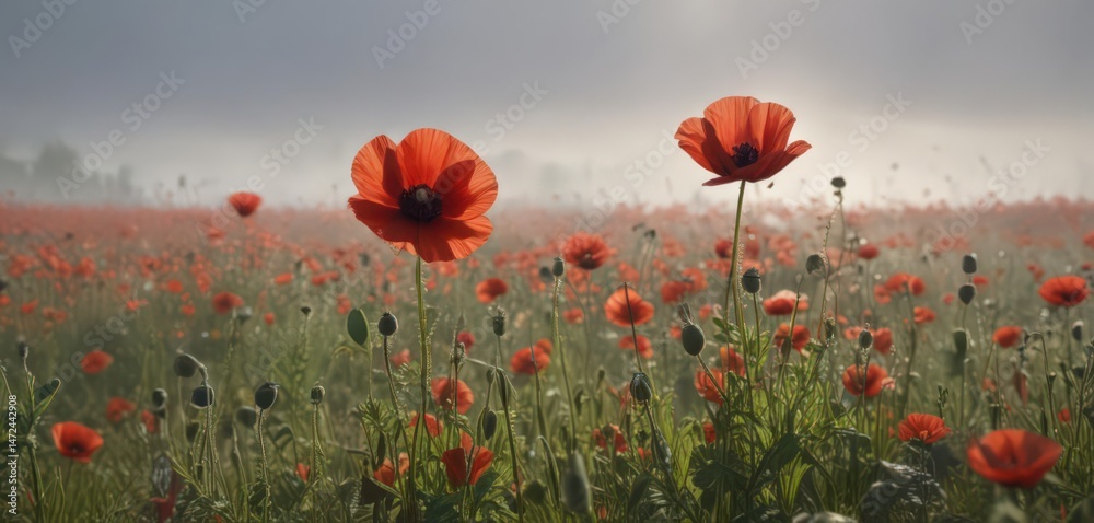 Fototapeta premium Sunlit red poppy field emerging from a thick, swirling morning mist , wildflower, spectacular, summer