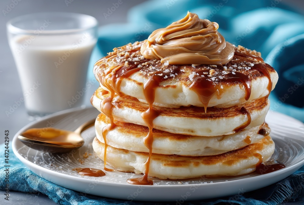 Delicious Stack of Fluffy Pancakes with Creamy Peanut Butter and Drizzling Caramel Sauce on a Plate with a Glass of Milk in the Background Delicious Stack of Fluffy Pancakes with Creamy Peanut Butter and Drizzling Caramel Sauce on a Plate with a Glass of Milk in the Background