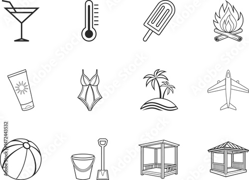 Black outline summer icons include cocktail, thermometer, swimsuit, and palm tree island with transparent background