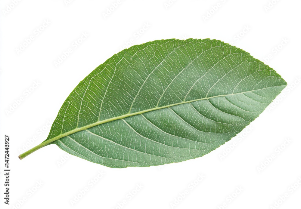 Obraz premium Single green leaf isolated on white background, showcasing intricate vein detail and vibrant color, perfect for botanical illustrations or nature-themed designs. : Generative AI