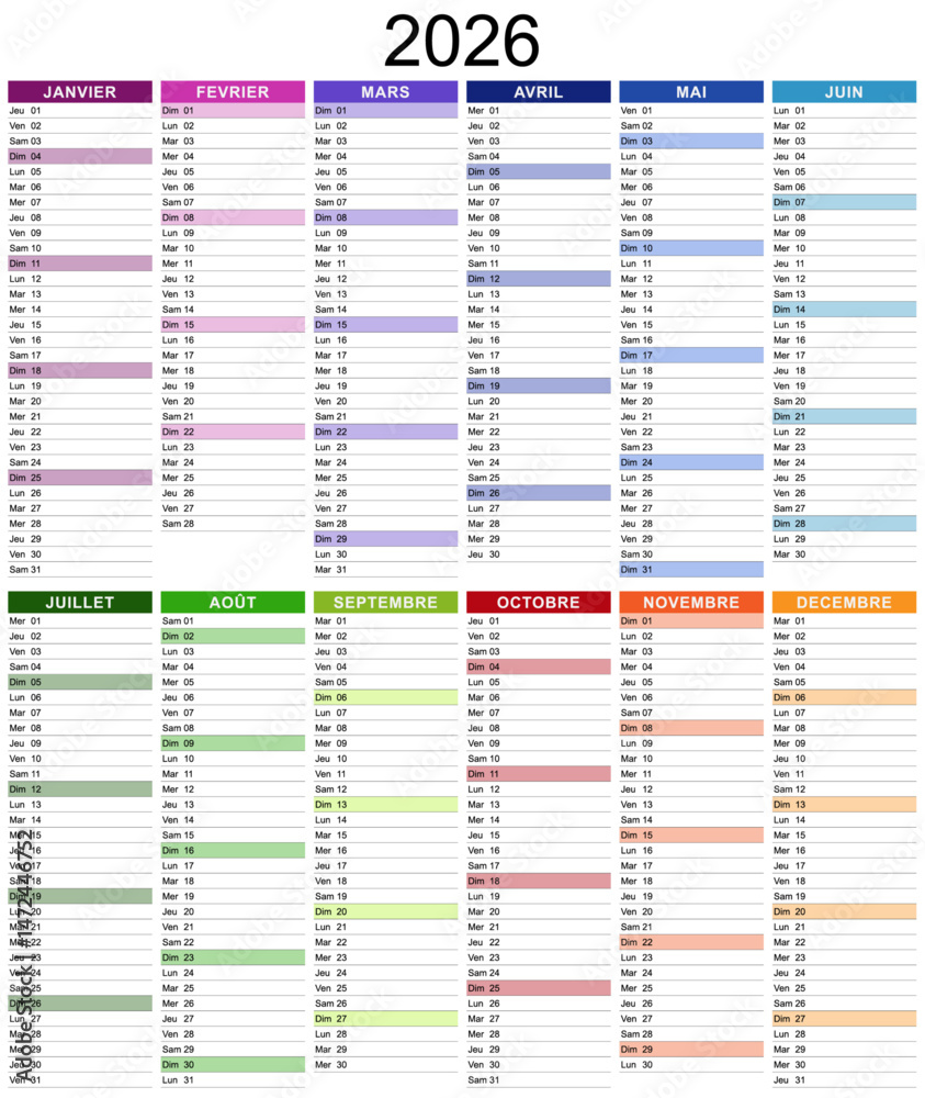 Modèle de calendrier 2026 pour agenda, organiseur ou planificateur avec textes en français - Textes vectorisés et non vectorisés sur calques séparés