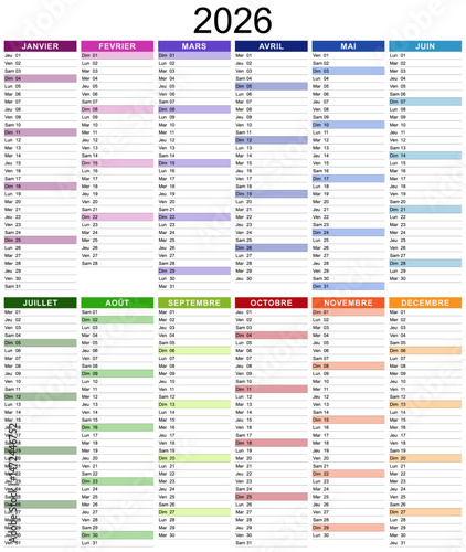 Modèle de calendrier 2026 pour agenda, organiseur ou planificateur avec textes en français - Textes vectorisés et non vectorisés sur calques séparés
