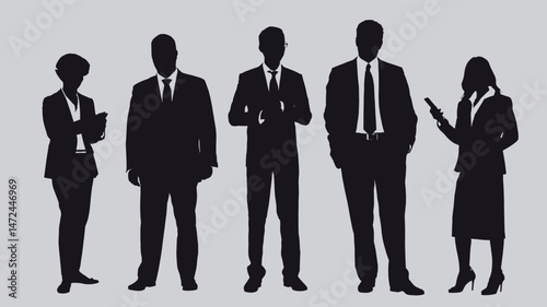 A group of business professionals in silhouette, standing in a line together on gray background, flat line vector and illustration.