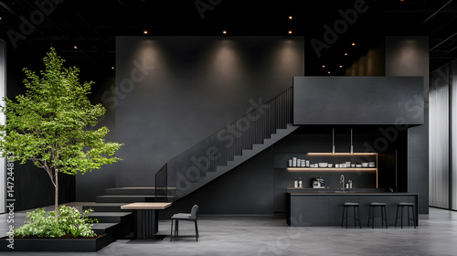 Dark modern loft interior with minimalist kitchen, staircase, and potted tree