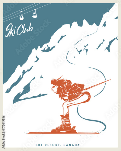 Winter ski resort vector art, Girl skiing on mountain graphic illustration. Winter sports artwork for sweater, poster, wall art, Sky club print design