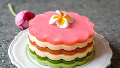 a cake with multiple layers, featuring a combination of pink and white colors, is presented on a white plate
