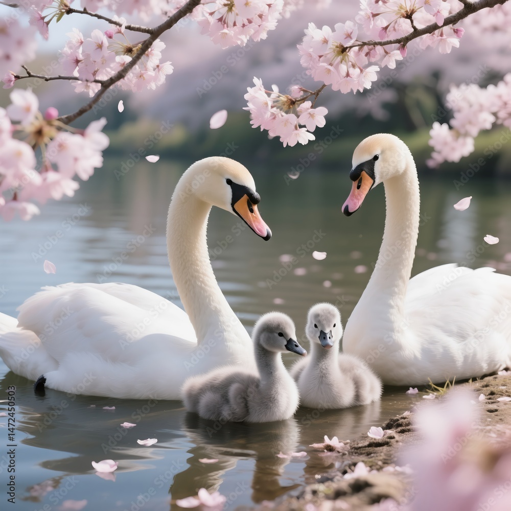 Obraz premium Graceful swan family with cygnets amidst the blossoming cherry trees, creating a picturesque spring scene, floating on the water in the soft, light of dawn 8K