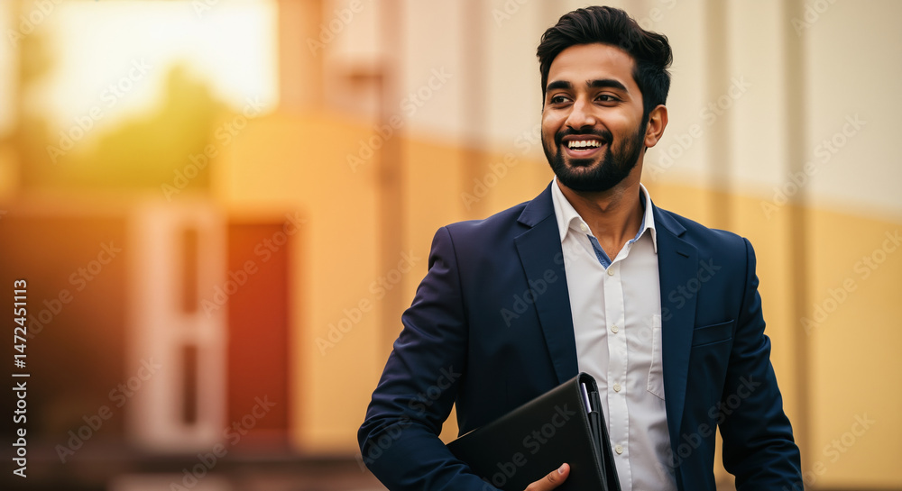 Fototapeta premium Smiling Indian businessman in navy suit holding folder with warm sunset office background. Professional confidence for business meetings and corporate success moments