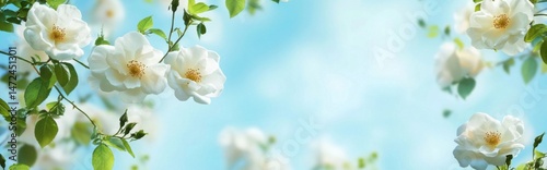 Close-up of delicate white roses blooming on a bright sunny day, showcasing their soft petals and vibrant green leaves against a clear blue sky. : Generative AI