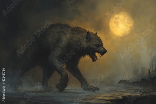 Dramatic illustration of a ferocious wolf with bared fangs and a glowing full moon