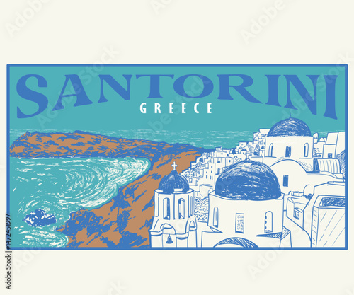 Santorini Greece hand drawn vector art, Travel Greece poster design, Summer island beach landscape illustration