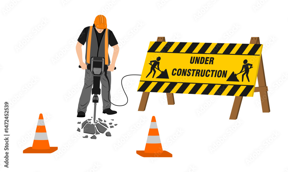 traffic warning sign board for construction zone with construction worker. vector illustration isolated on white background.