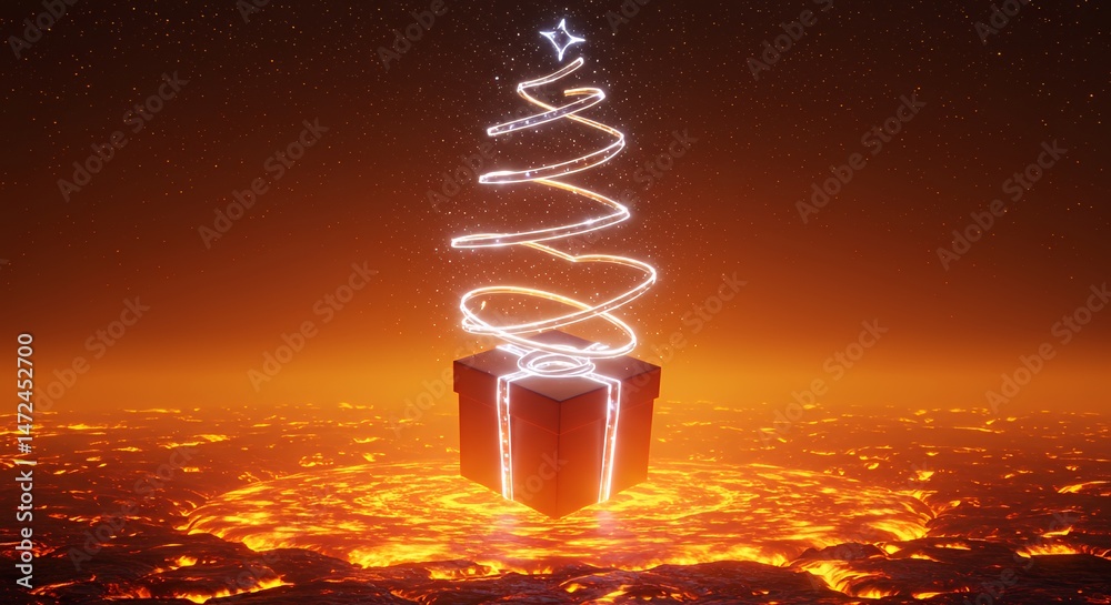 Obraz premium Gift Box with Christmas Tree on Lava Field