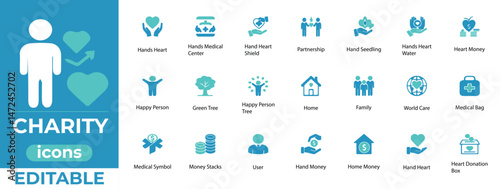 Editable charity vector icons with clean design, ideal for NGOs, donation platforms, social impact, and nonprofits