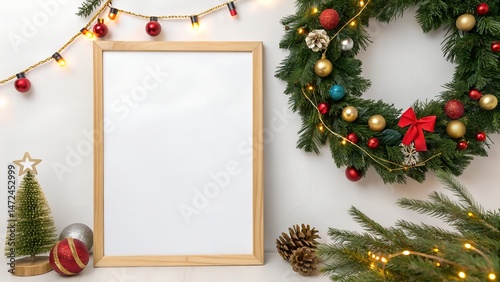 Christmas frame with white board for decoration with Christmas tree decorations