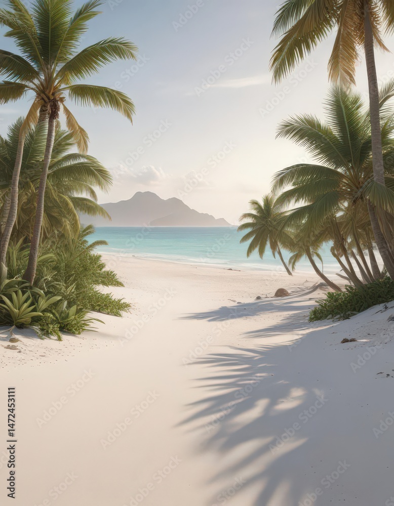 Obraz premium Soft white sand, palm trees framing distant island, clear water, idyllic