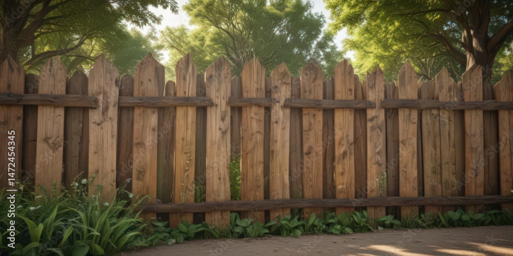Fototapeta premium Rustic wood fence poster mockup; park setting, trunk, promotional