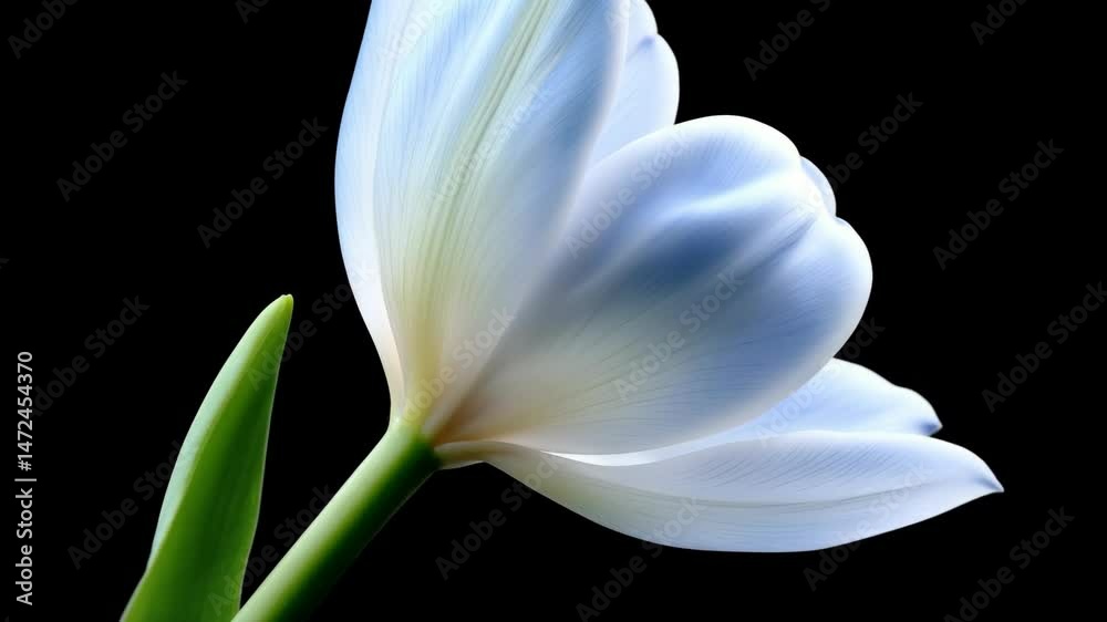 Rotating White Tulip with Blue Hues on Black Background: A Serene Floral Display Rotating White Tulip with Blue Hues on Black Background: A Serene Floral Display