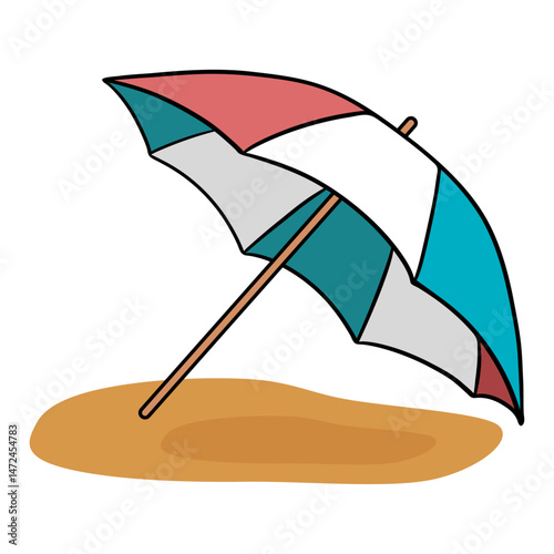 Summer beach umbrella or parasol. Sun protection from hot sun. Outdoor accessories for vacation. Hand drawn element collection 