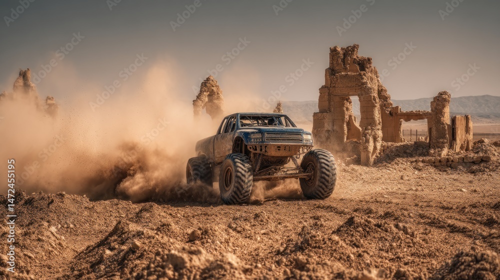 Fototapeta premium Monster truck in the desert near ancient ruins