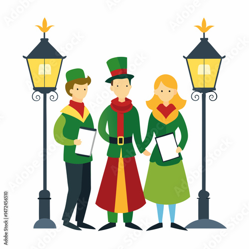 Carolers Under Streetlamps – Simple Vector on White