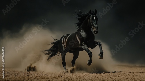 Foto Dark horse galloping in dust storm