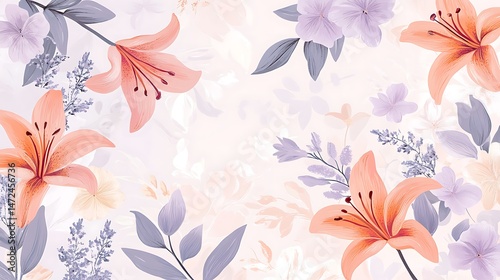 Wallpaper Mural Peach Lilies  Lavender Floral Design. Torontodigital.ca