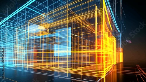 Luminous digital architectural rendering of a building, highlighted with vibrant blue and orange outlines against a dark backdrop