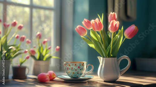 Wallpaper Mural Spring-themed setting featuring a cup of coffee and a bouquet of tulips, creating a warm and refreshing floral atmosphere Torontodigital.ca