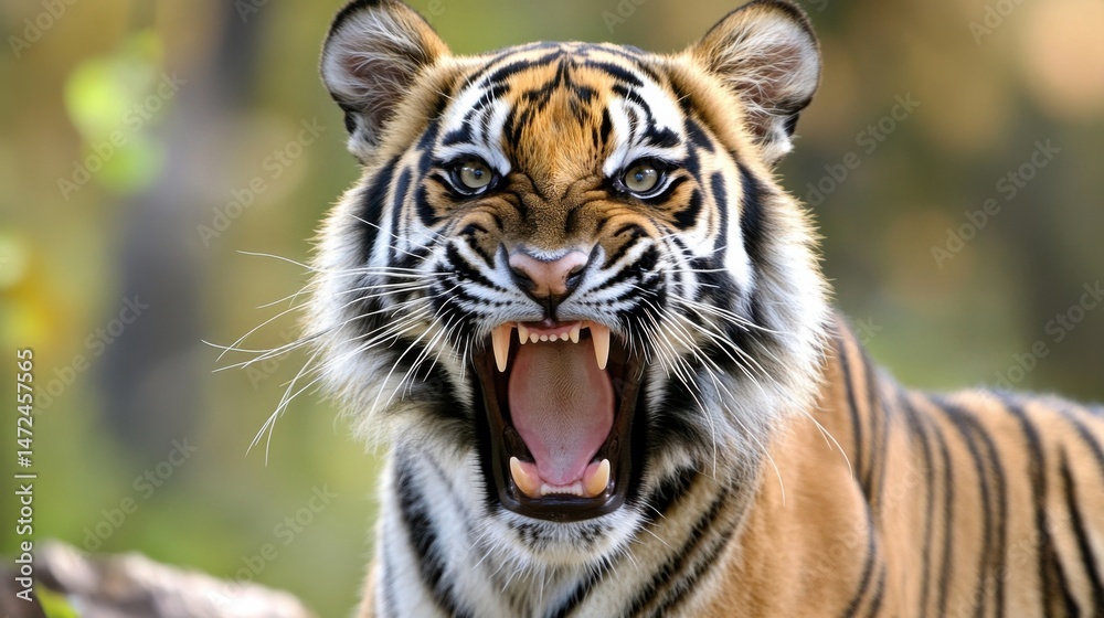 Obraz premium Close-up portrait of a Sumatran tiger with its mouth open, revealing sharp teeth; intense gaze and wild fur. : Generative AI