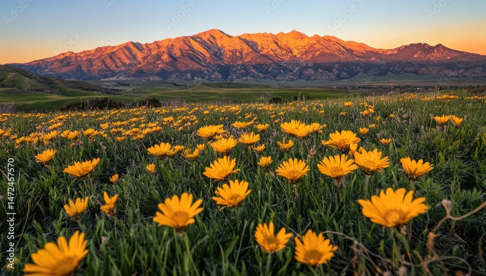 Fototapeta premium Golden wildflowers carpet a valley floor, mountain range at sunrise. Lush meadow of vibrant yellow blossoms, nestled at the foothills of a majestic mountain
