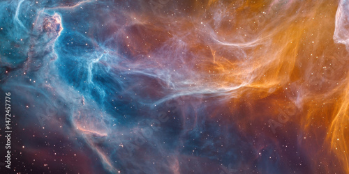A mesmerizing cosmic nebula swirls with vibrant blue and orange hues, speckled with countless stars, creating a breathtaking celestial landscape. : Generative AI