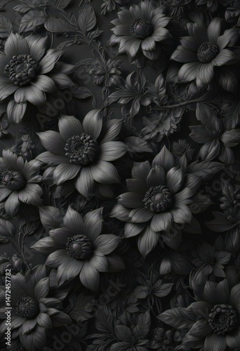 Intricate charcoal floral wallpaper, rich texture , leaves, artistic