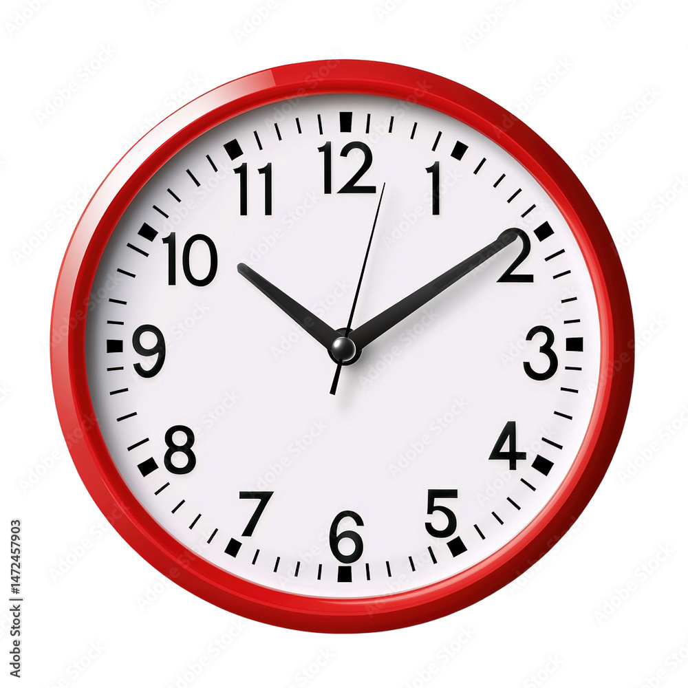 Red-framed clock against a solid black backdrop displaying ten past ten Red-framed clock against a solid black backdrop displaying ten past ten