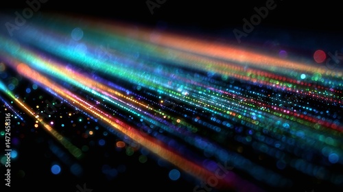 Abstract light streaks in blue orange and black create a dynamic background.