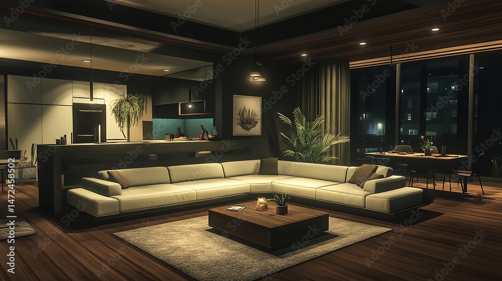 Naklejka premium Modern apartment night interior.