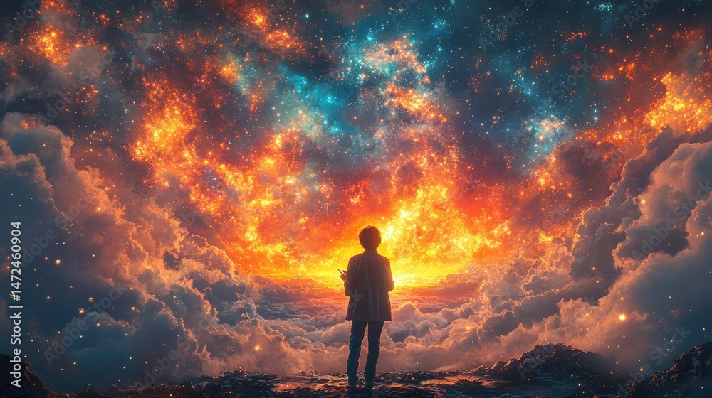 Fototapeta premium A solitary figure stands on a precipice, gazing at a fiery, celestial spectacle above