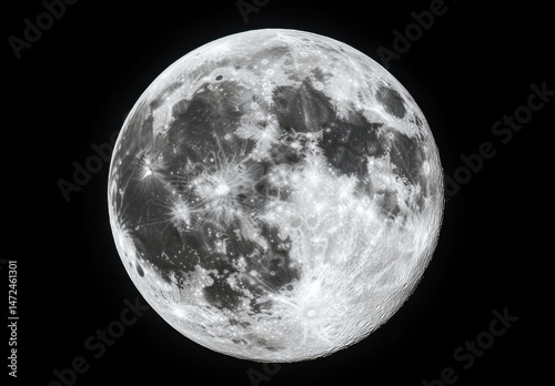 A detailed, high-resolution image of the full moon, showcasing its craters, maria, and textured surface against a pitch-black background. : Generative AI